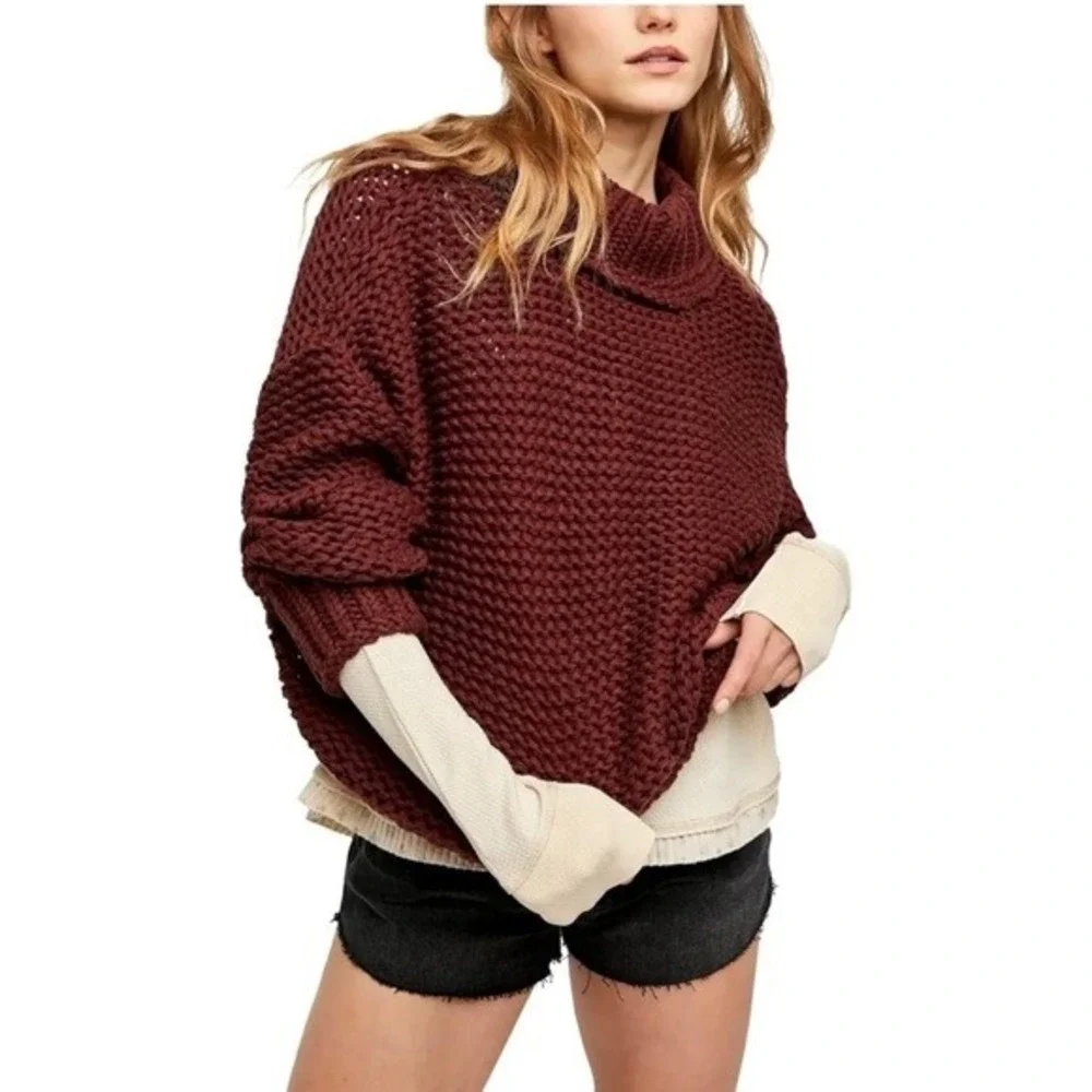 Free People Chocolate Merlot Chunky Knit Turtleneck Sweater Oversized Size L NWT
